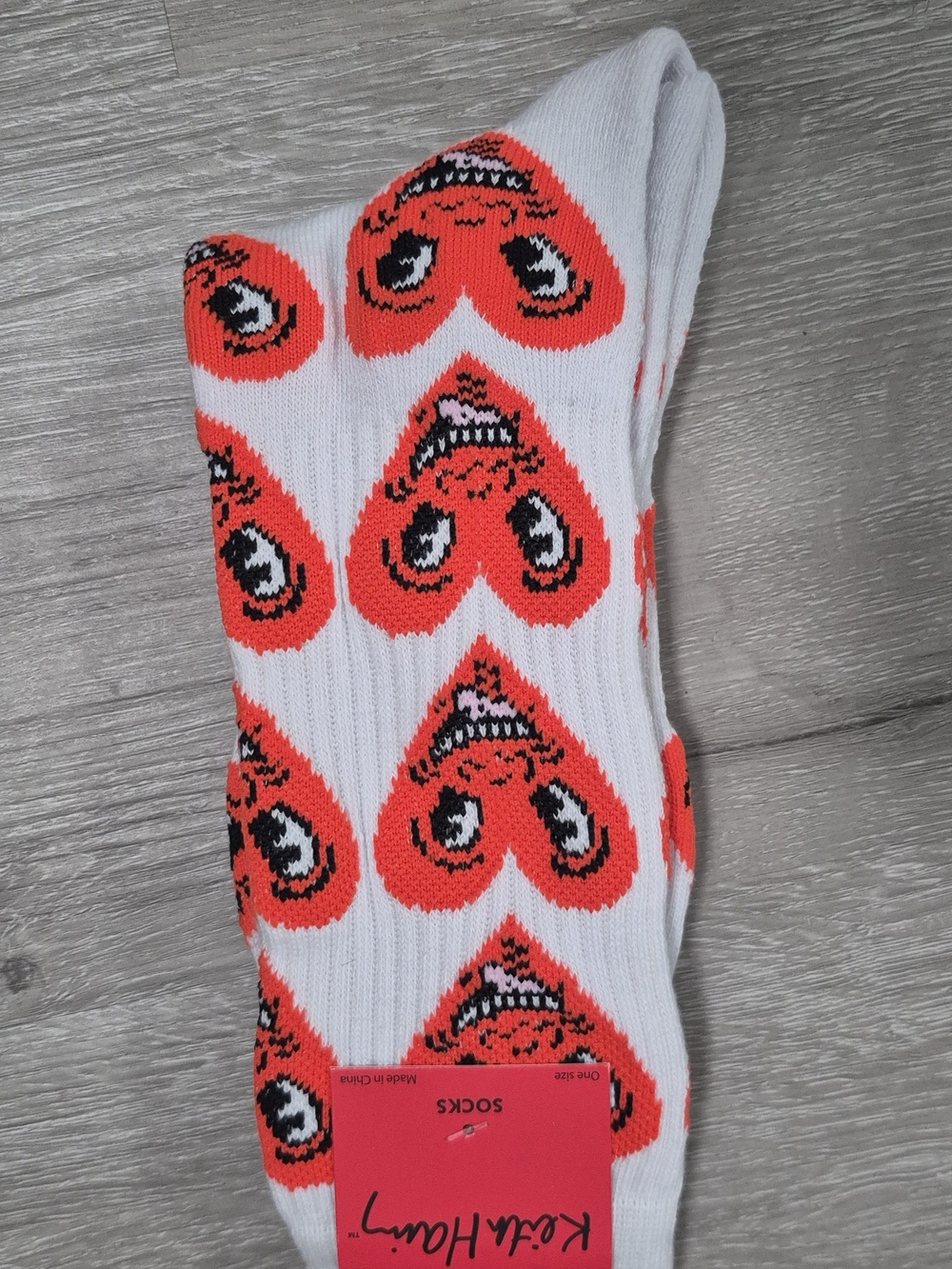 Kurt Heller Heart Face Crew Socks White & Neon Pink One Size NWT